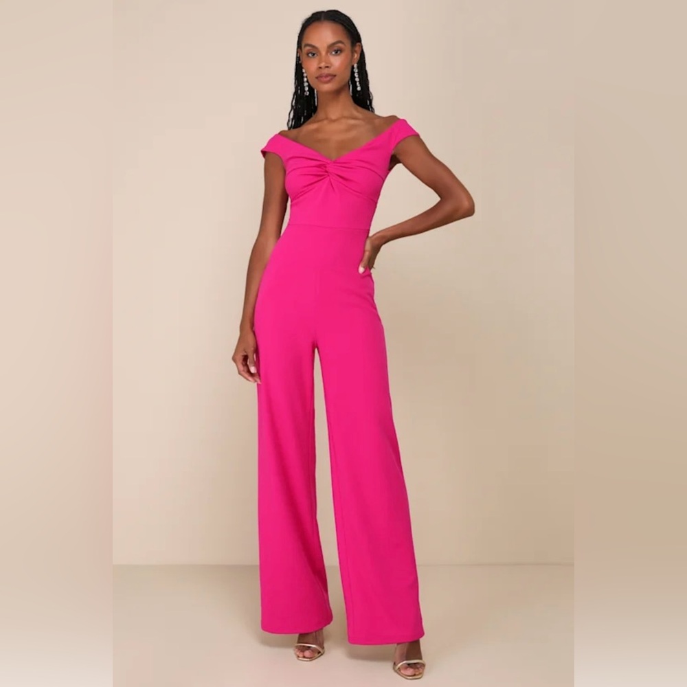 Lulus -Stunning Existence Magenta Off-the-Shoulder Knot-Front Jumpsuit